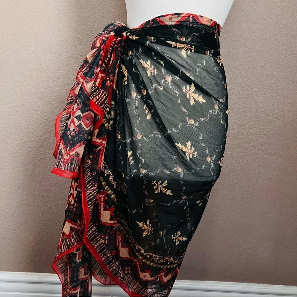 Vintage Sheer Wrap Scarf Sarong 95”x45” Black Red Gold Boho Floral